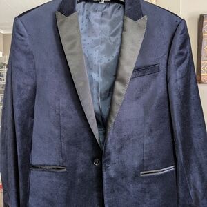 Express Men's Navy Velvet Tuxedo Blazer with Black Satin Lapels